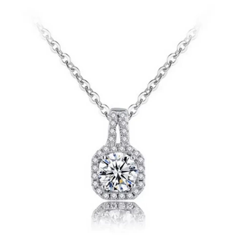 New Silver Hexagon Round Diamond Necklace - Picture 3 of 4